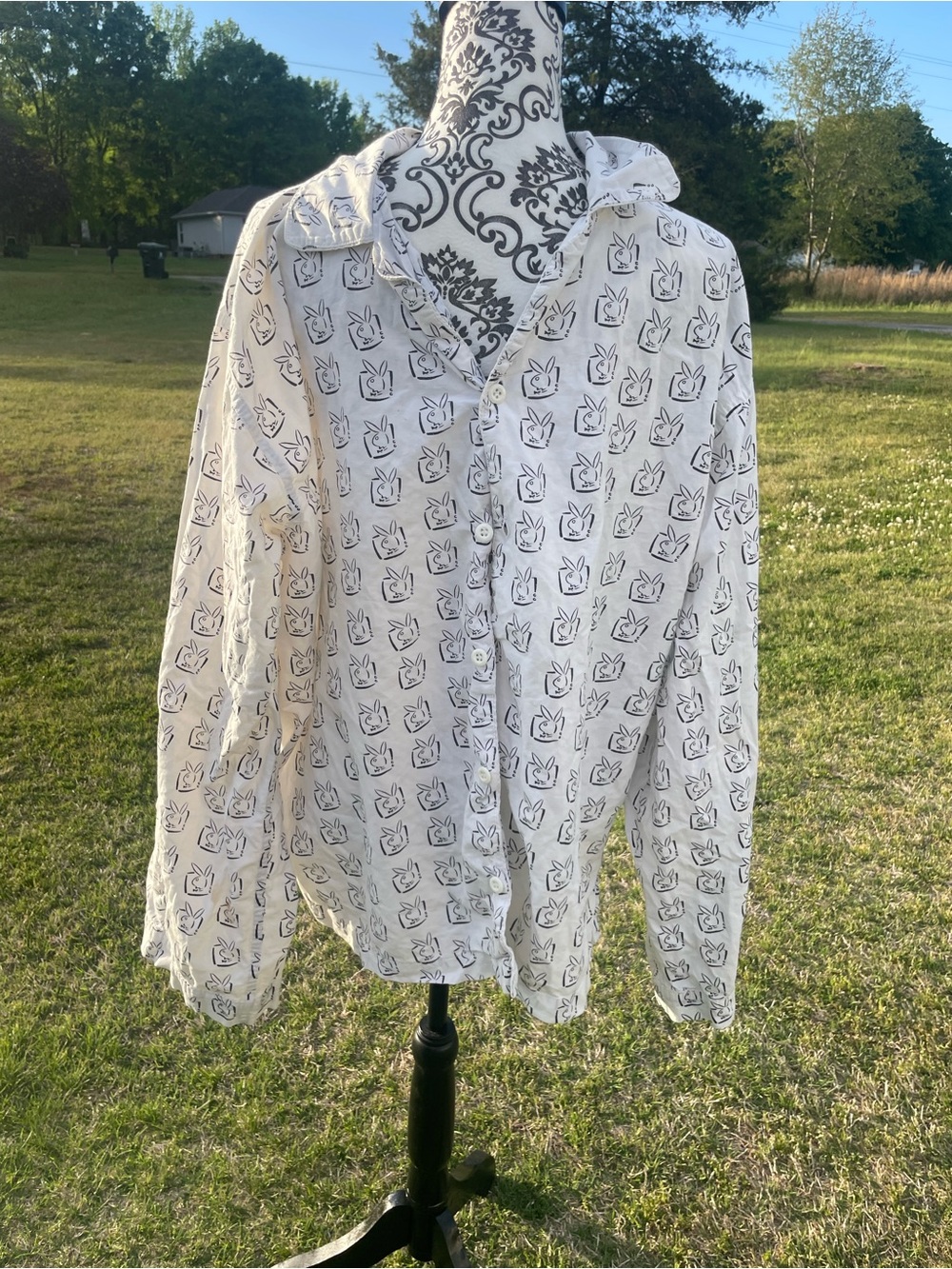 PLAYBOY White Button-Down Shirt with Black Bunny Print